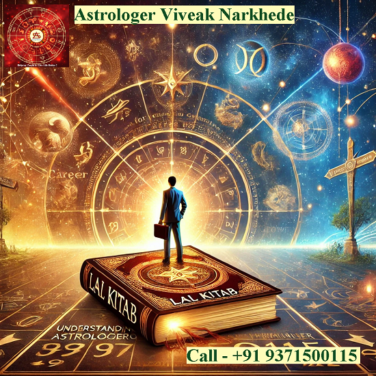 "Astrologer Viveak Narkhede explains powerful Lal Kitab remedies for career growth. The image features a glowing Lal Kitab book, celestial symbols, and zodiac signs, symbolizing astrological guidance for professional success. Contact +91 9371500115 for personalized astrology solutions."